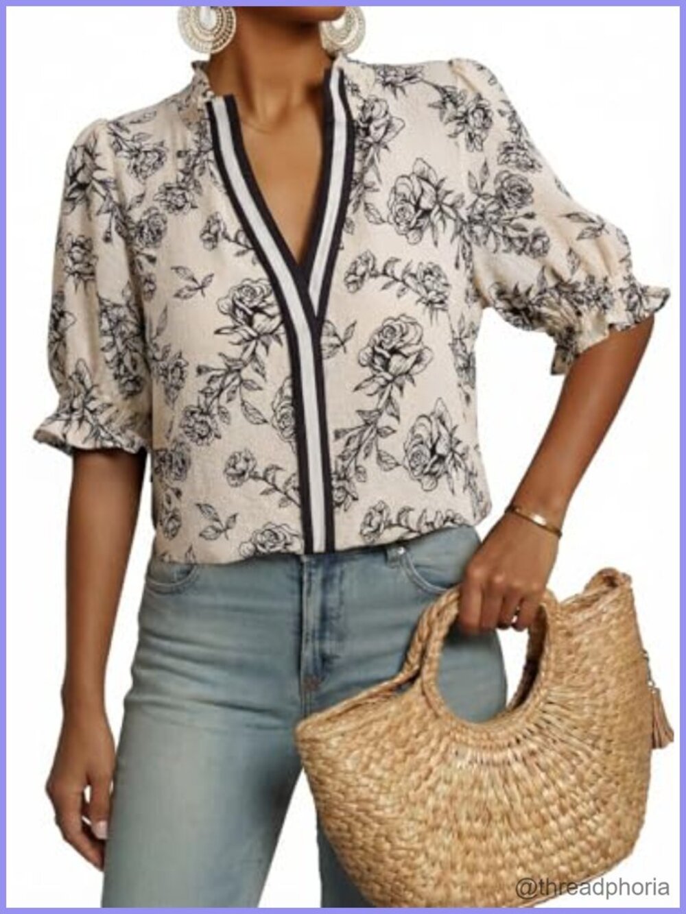 Womens Boho Floral Ruffle Shirt Puff Short Sleeve V Neck Blouse Top